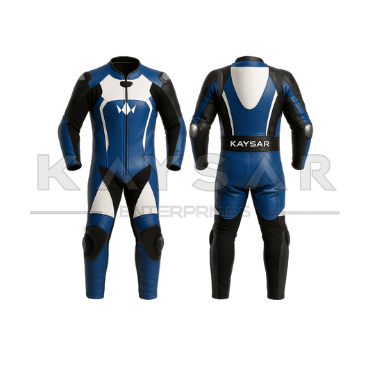 KE - 282 Blue and White Motorbike Leather Suit for Men - Kaysar Enterprises