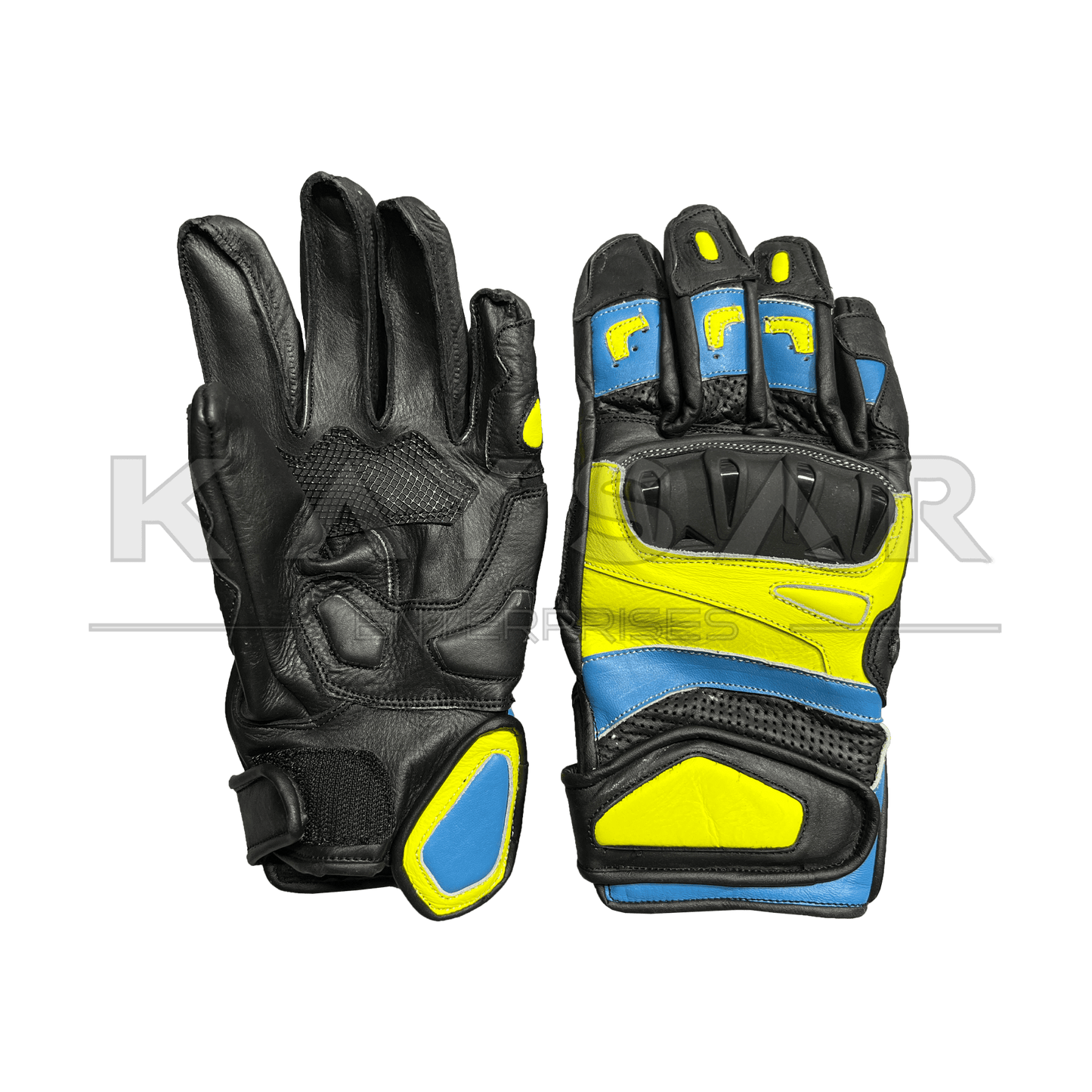 KE - 29 Yellow and Blue Motorbike Leather Glove for Men & Women - Kaysar Enterprises
