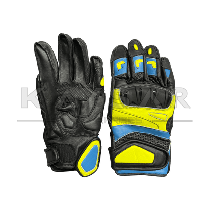 KE - 29 Yellow and Blue Motorbike Leather Glove for Men & Women - Kaysar Enterprises