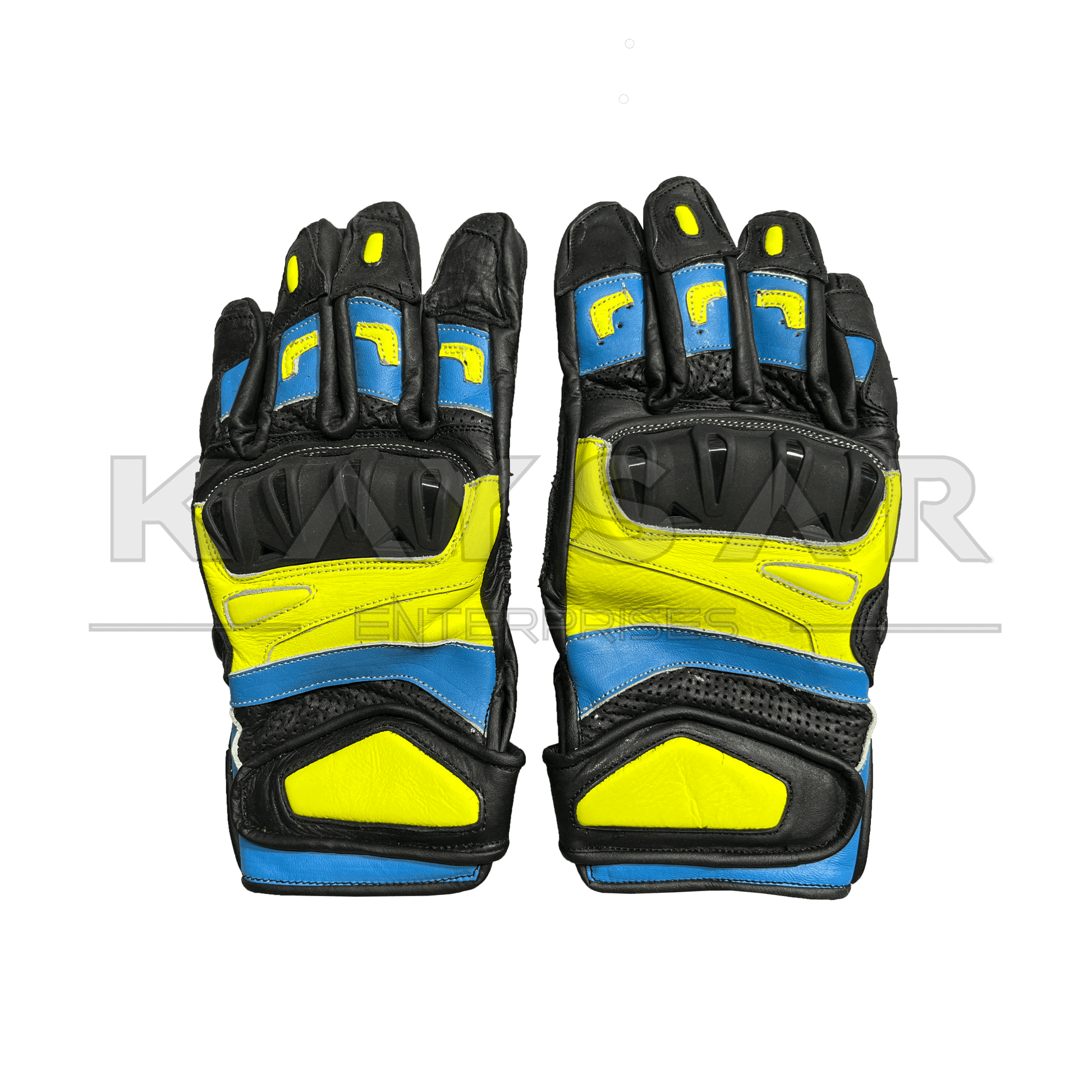 KE - 29 Yellow and Blue Motorbike Leather Glove for Men & Women - Kaysar Enterprises