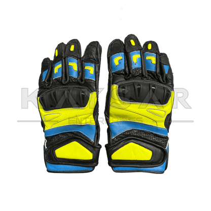 KE - 29 Yellow and Blue Motorbike Leather Glove for Men & Women - Kaysar Enterprises
