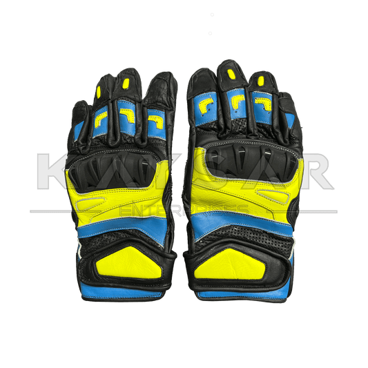KE - 29 Yellow and Blue Motorbike Leather Glove for Men & Women - Kaysar Enterprises