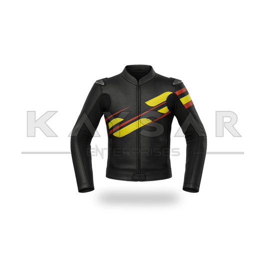 KE - 733 Black Yellow Motorbike Leather Jacket for Mens - Kaysar Enterprises