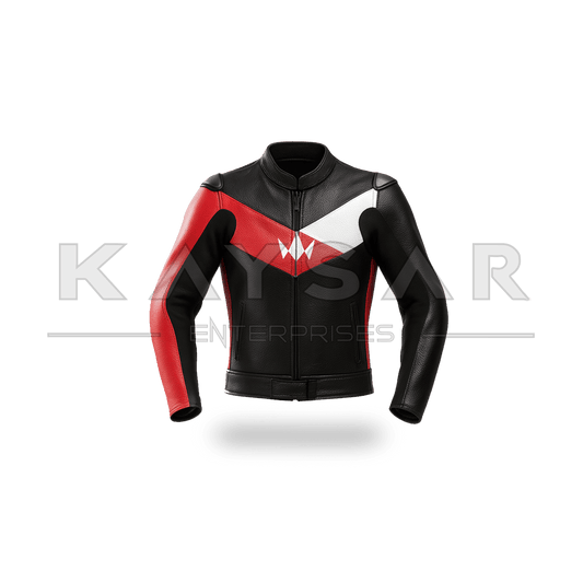 KE - 745 Red & White Motorbike Leather Jacket for Men - Kaysar Enterprises