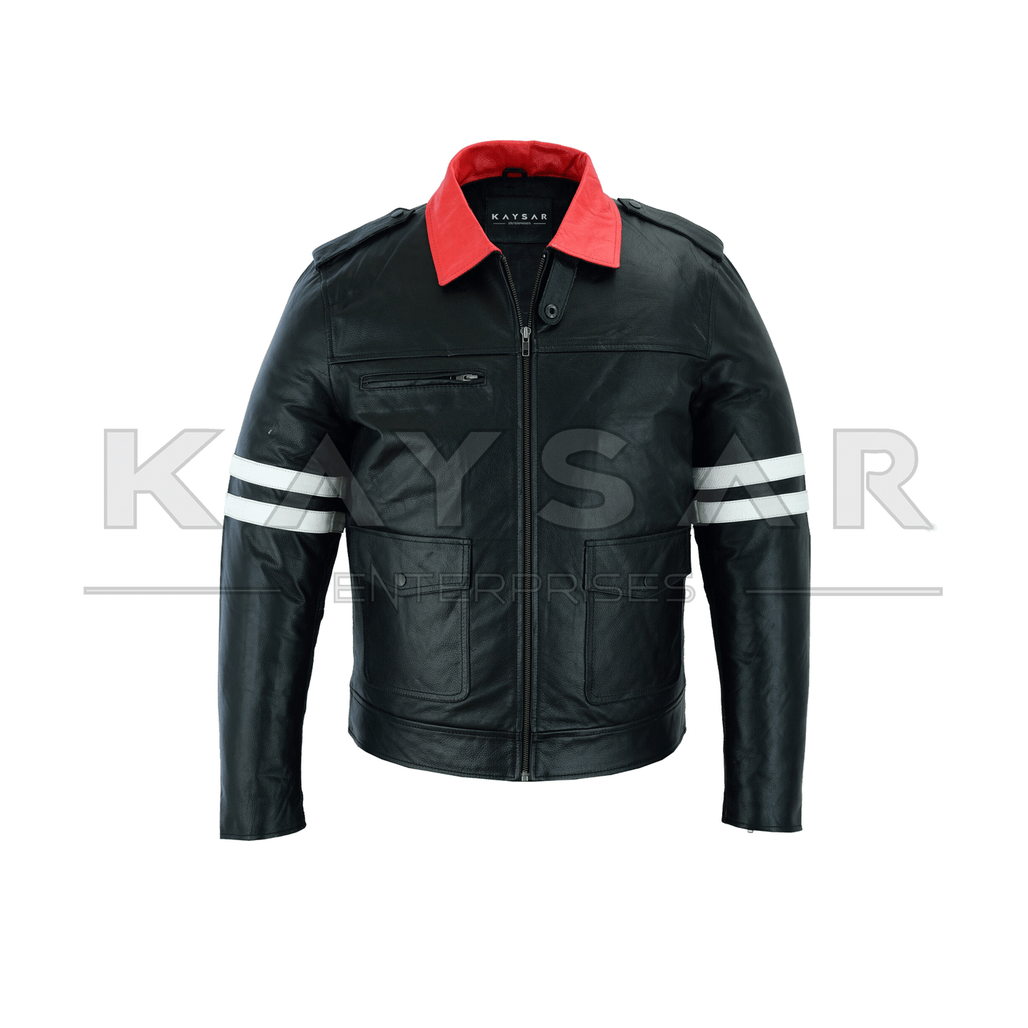 KE - F - 502 White Strips Black Vintage Real Leather Jacket for Men - Kaysar Enterprises
