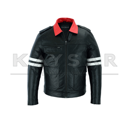 KE - F - 502 White Strips Black Vintage Real Leather Jacket for Men - Kaysar Enterprises