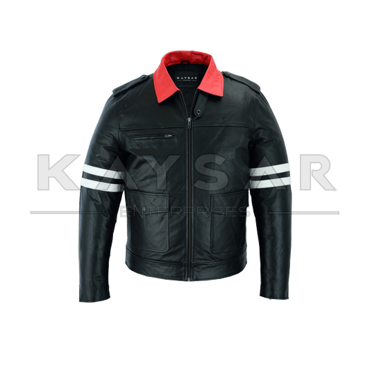 KE - F - 502 White Strips Black Vintage Real Leather Jacket for Men - Kaysar Enterprises