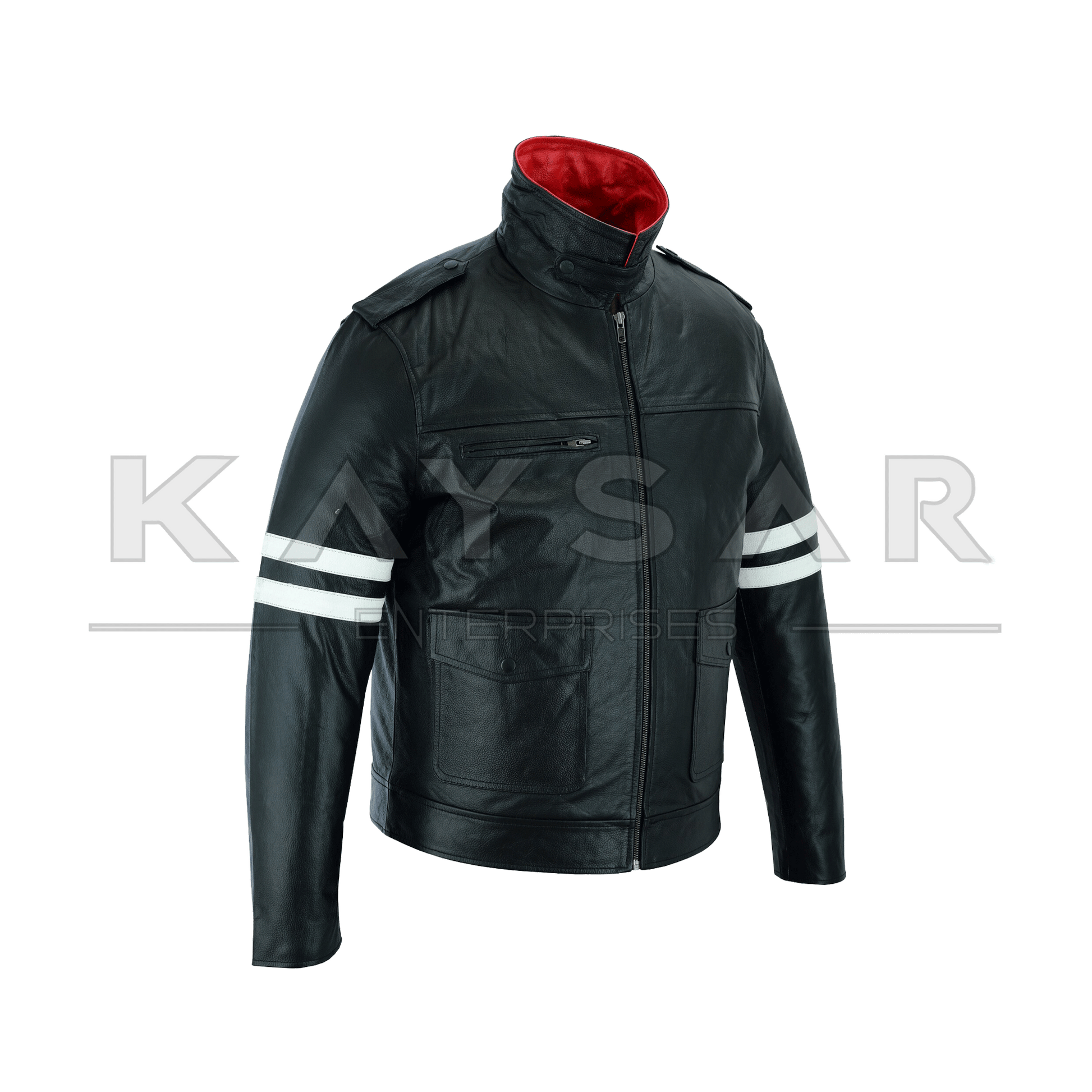 KE - F - 502 White Strips Black Vintage Real Leather Jacket for Men - Kaysar Enterprises