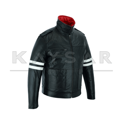 KE - F - 502 White Strips Black Vintage Real Leather Jacket for Men - Kaysar Enterprises