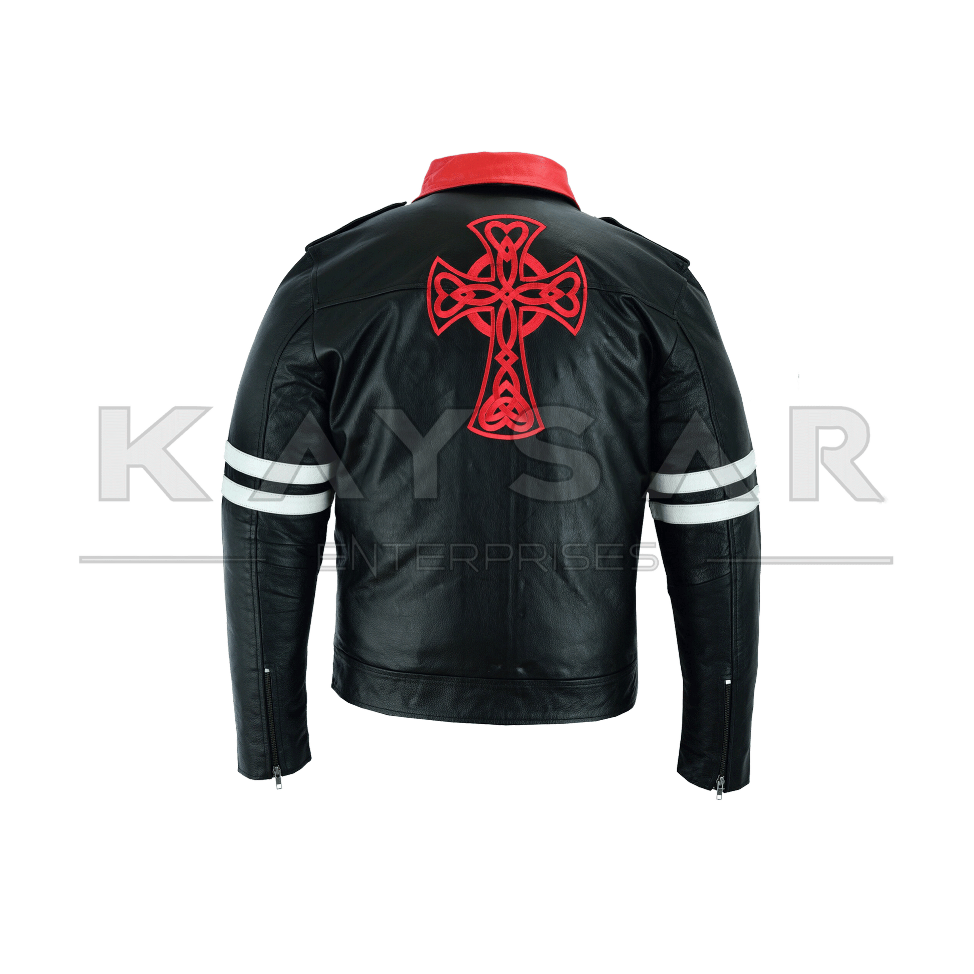 KE - F - 502 White Strips Black Vintage Real Leather Jacket for Men - Kaysar Enterprises