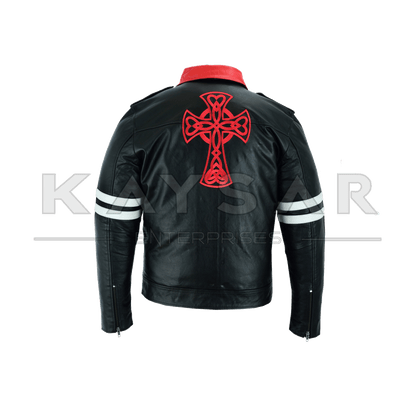 KE - F - 502 White Strips Black Vintage Real Leather Jacket for Men - Kaysar Enterprises