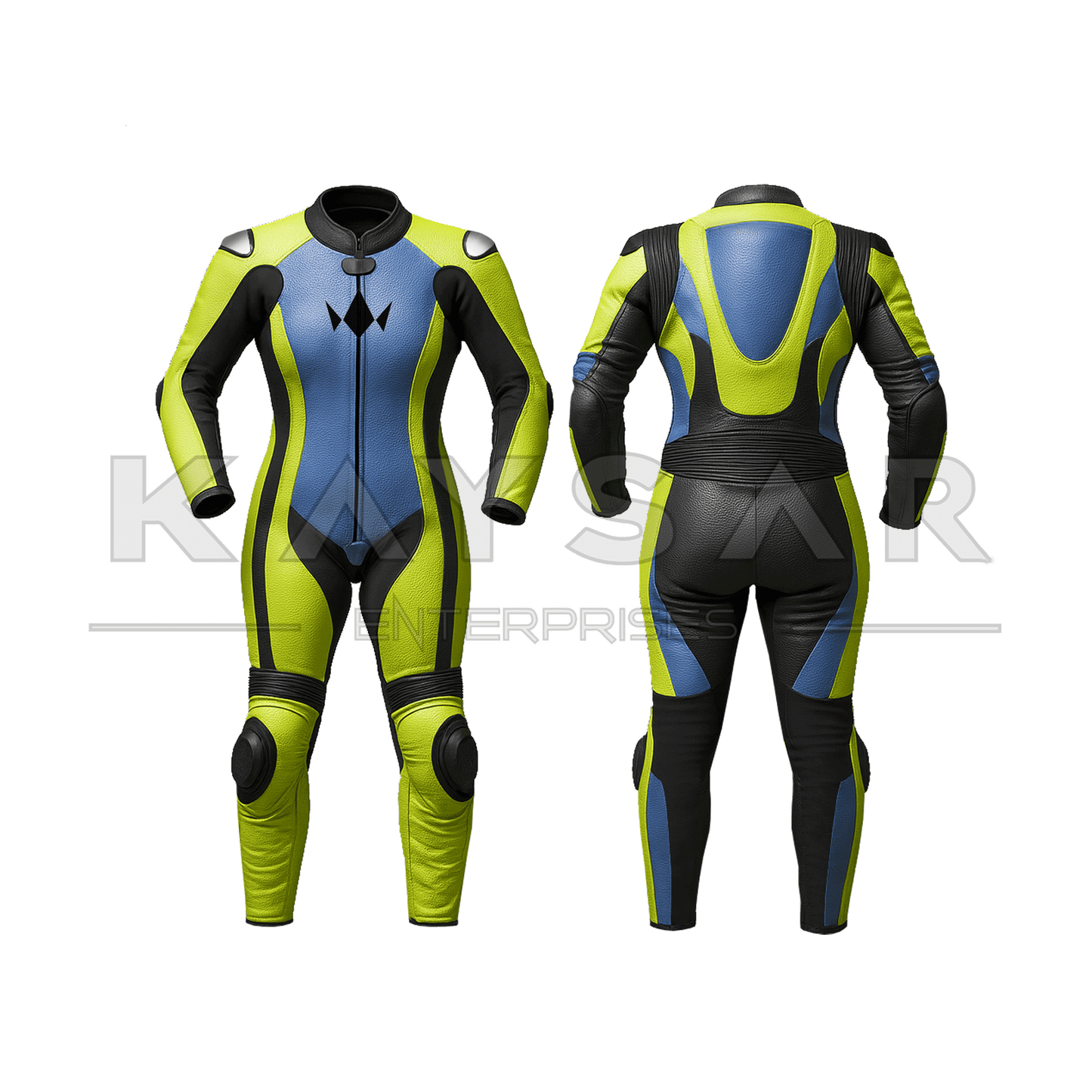 KE - W - 258 Lime Green & Blue Motorbike Leather Suit for Women - Kaysar Enterprises