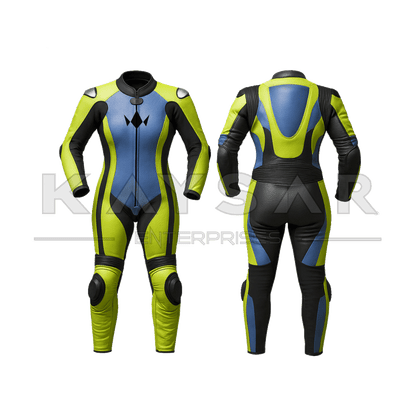 KE - W - 258 Lime Green & Blue Motorbike Leather Suit for Women - Kaysar Enterprises