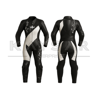 KE - W - 269 Black and White Motorbike Leather Suit for Women - Kaysar Enterprises