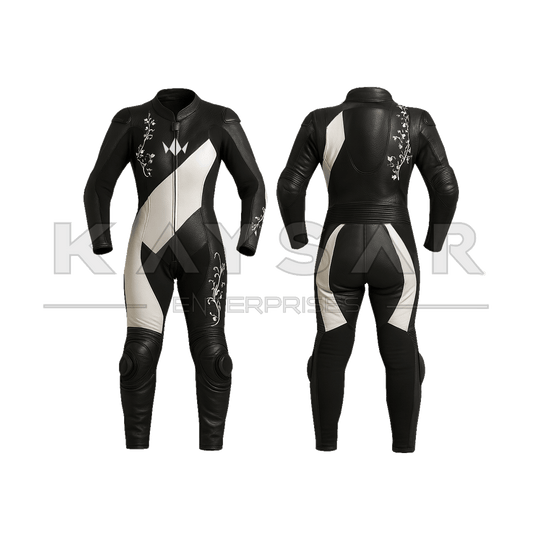 KE - W - 269 Black and White Motorbike Leather Suit for Women - Kaysar Enterprises